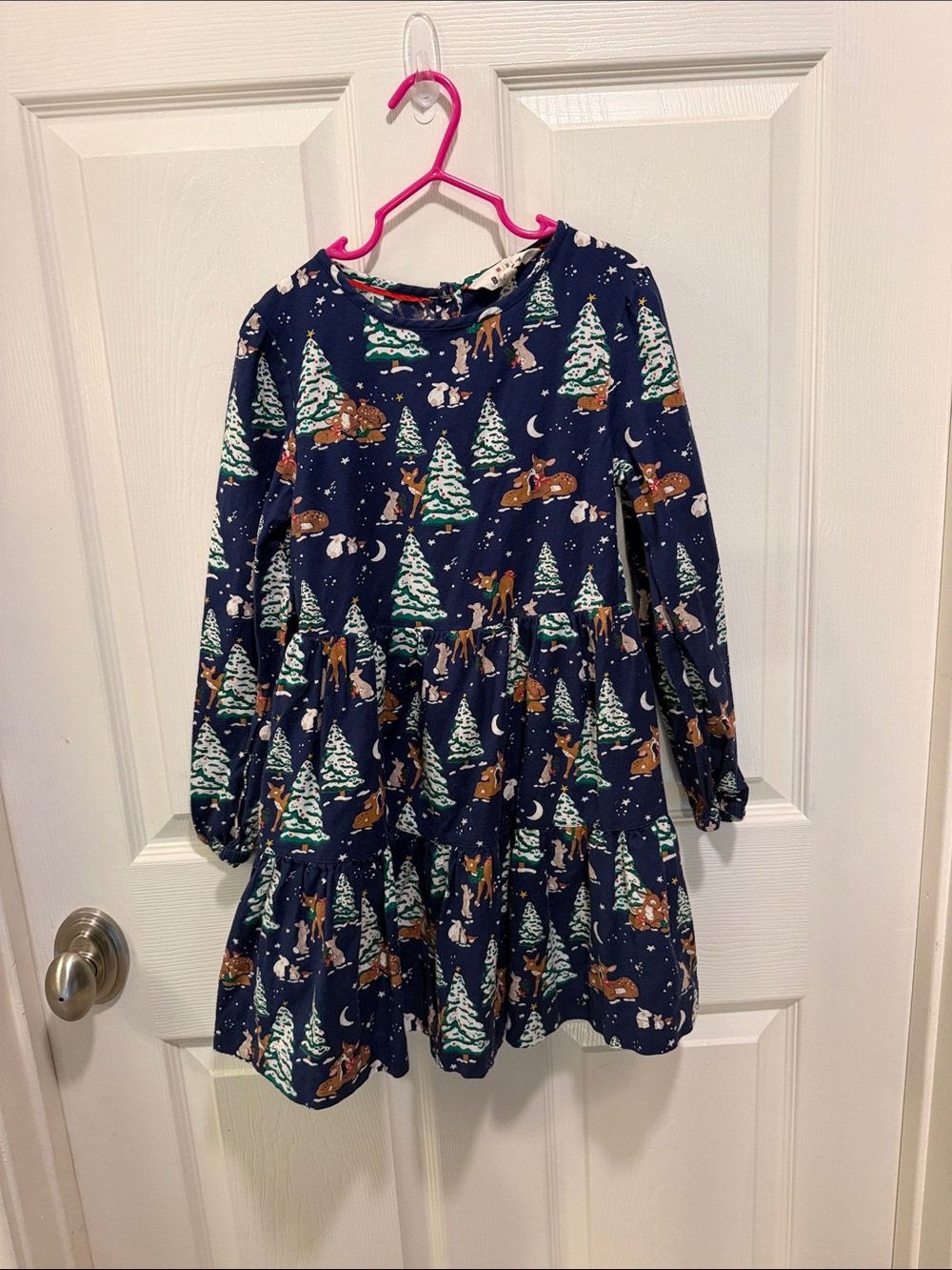 Mini Boden Navy Blue Winter Forest Print Long-Sleeve Dress